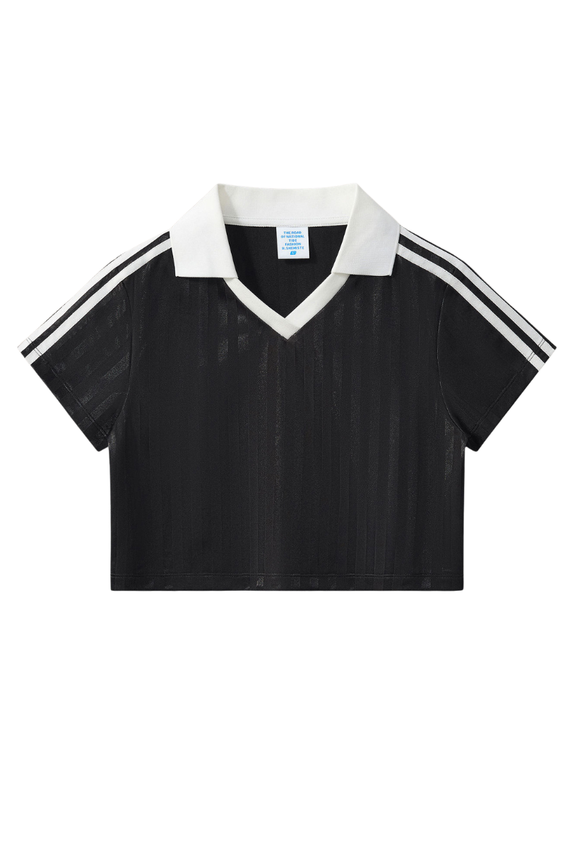 Women’s Cropped Color Block Striped Polo V-Neck  T-Shirt
