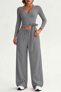 Women Fall Set:Tank Top & Wrap Tie Long Sleeve Top & Pants