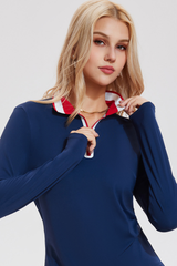 Women's Color-Block Polo Long-Sleeve Top