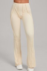 Wide-leg, snug, textured, and high-waisted flared pants