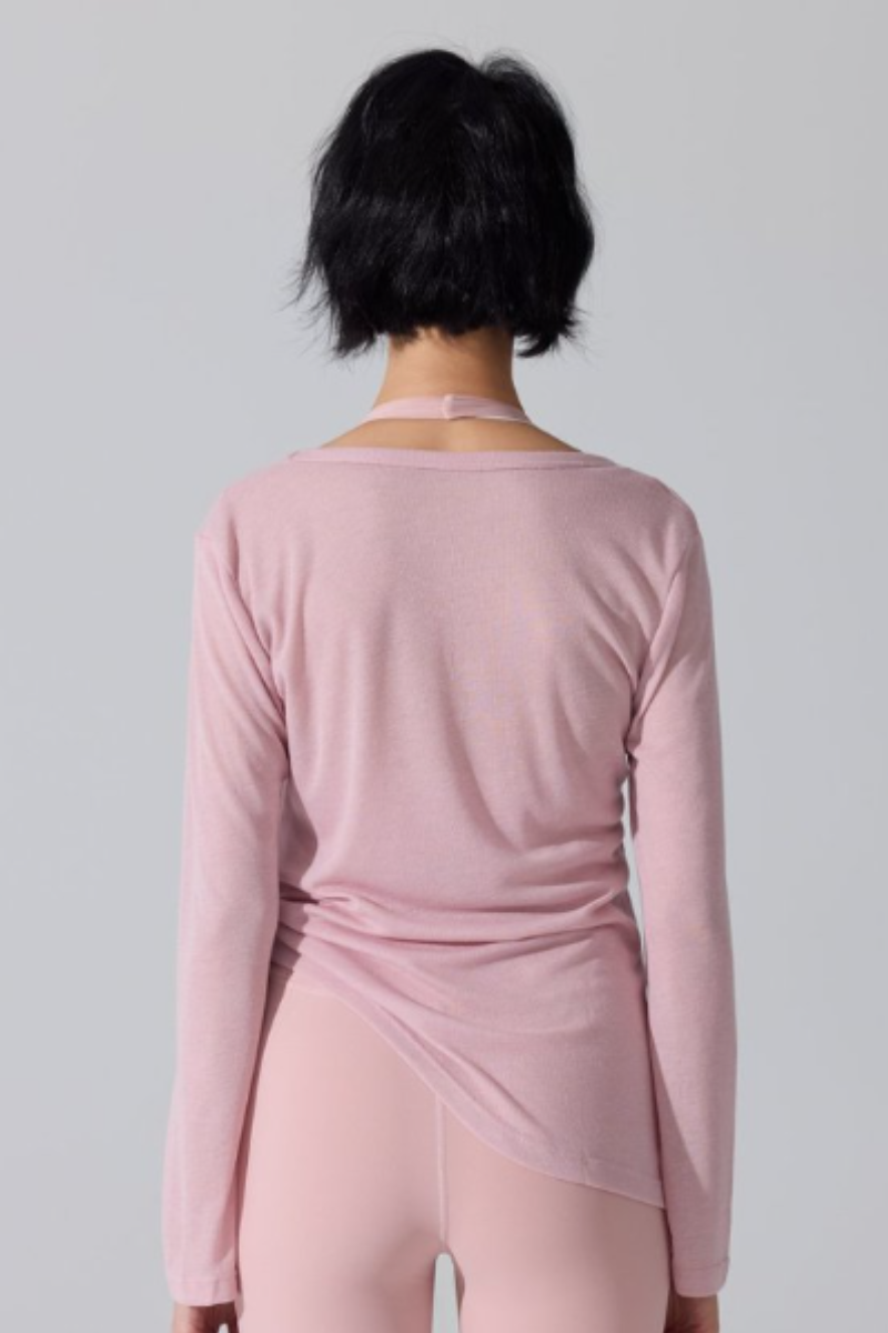 Women's Wide U-Neck Side Drawstring Sheer Long Sleeve Yoga Cover-Up