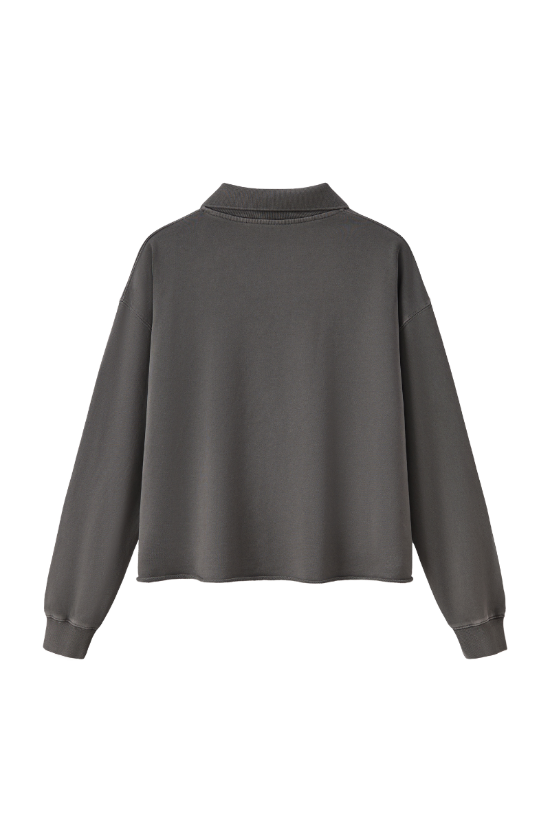 Unisex Fall 100% Cotton Washed Boxy V-Neck Polo Sweatshirt