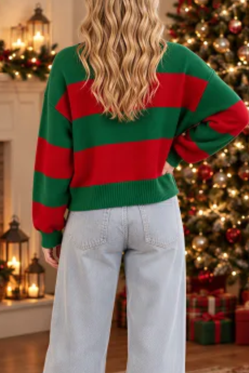 Women's Winter Christmas Striped Color Block Knit Sweater