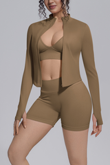 Women's Seamless Bra&Stand Collar Jacket &Shorts 3 Piece Set