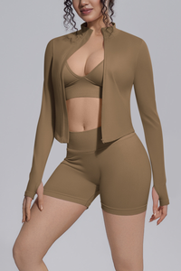 Women's Seamless Bra&Stand Collar Jacket &Shorts 3 Piece Set