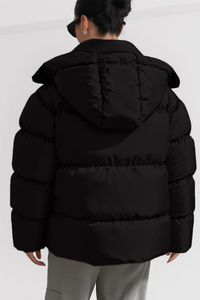 Women's stand-up collar bread-style hooded cotton jacket.