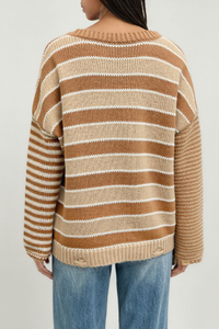 Women Crew Neck Contrast Stripe Distressed Hem Knit Sweater
