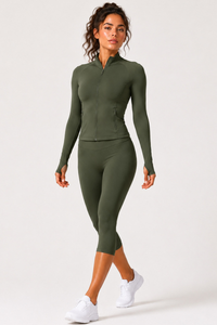 Women's Stand Collar Jacket & Capri Leggings Workout Sets