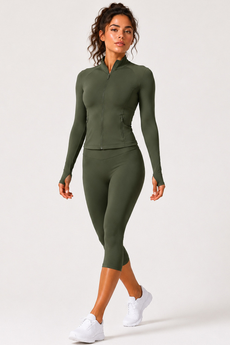 Women's Stand Collar Jacket & Capri Leggings Workout Sets
