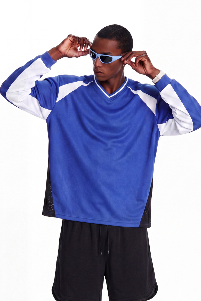 Men's V-Neck Color Block Breathable Mesh Panel Sports Jersey