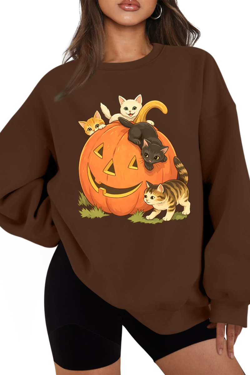 Women's Fall Halloween Cat Pumpkin Graphic Casual Sweatshirt