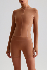Women's Bare Feel Finger Cuffs Slim Yoga Jacket & Shorts Set