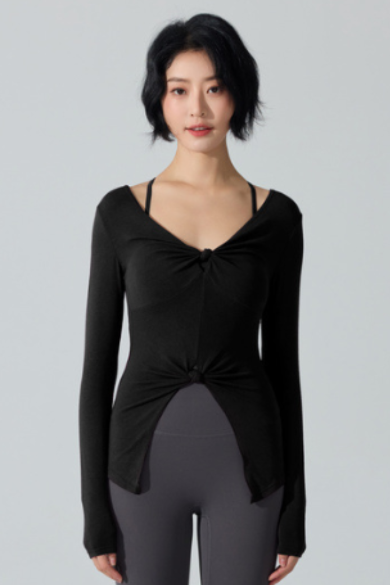 Women's Ribbed Double Twist Split V Neck Pilates Slim Fit Top
