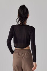 Women's V-Neck Sheer Cropped Long Sleeve Yoga Cover-Up