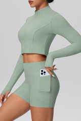 Women's Sport Set:Mock Neck Jacket And Side Pocket Shorts