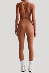 Women Naked Feel Cross Back Yoga Set: High Waisted Seamless Tummy Control Leggings + Crisscross Sports Bra