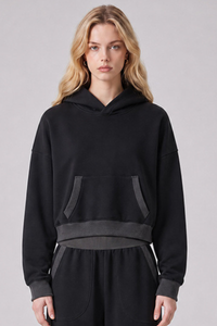 Women's Fall 100% Cotton Contrast-Stitch Boxy Cropped Hoodie