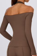 Women's Off Shoulder Breathable Ribbed Yoga Long Sleeve Top