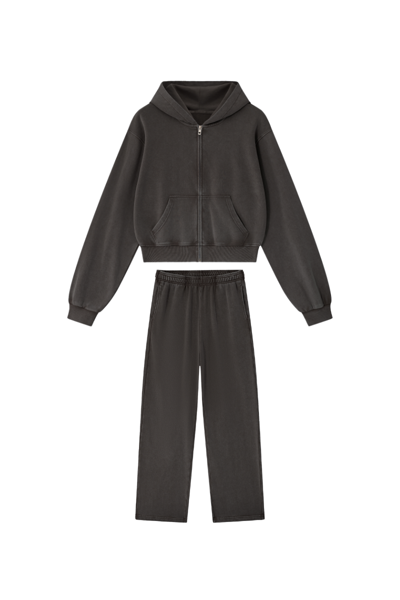 Unisex Fall Set: Cropped Zip Up Hooded Jacket And Sweatpants