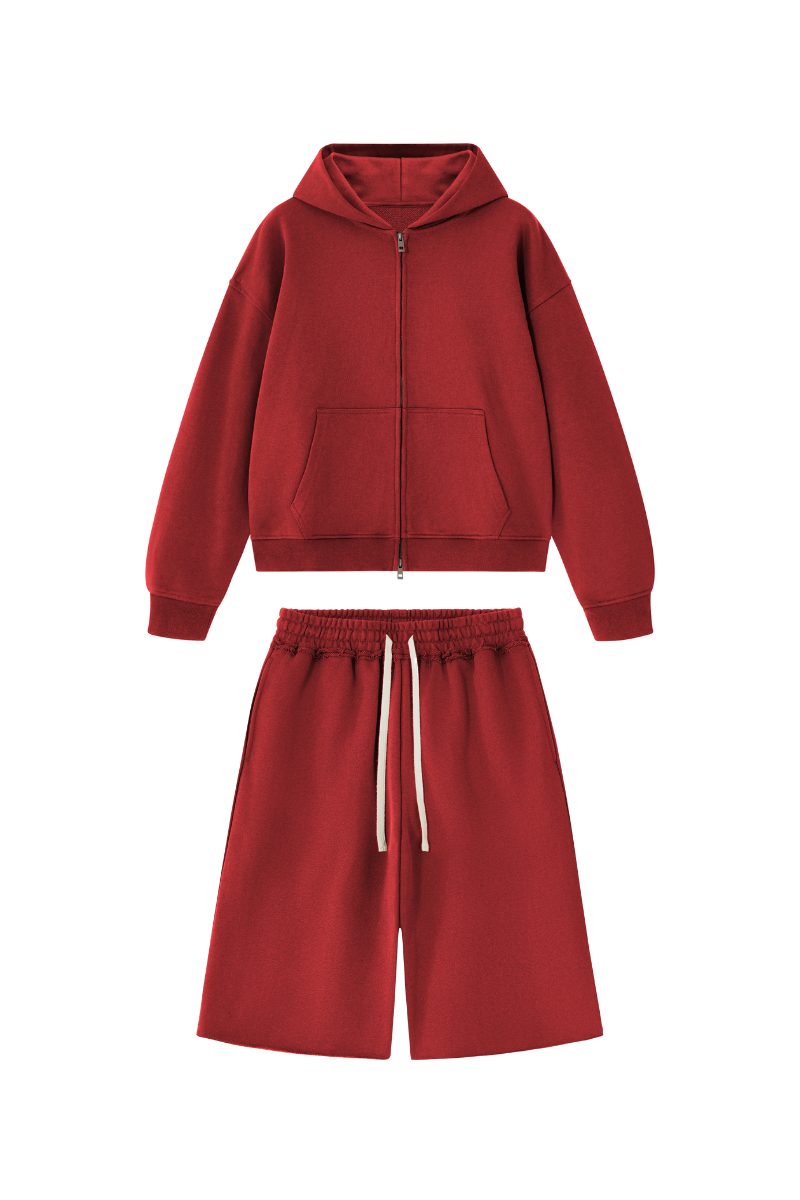 Men's 100% Cotton Loungewear Sets:Hooded Jacket &Mid Shorts