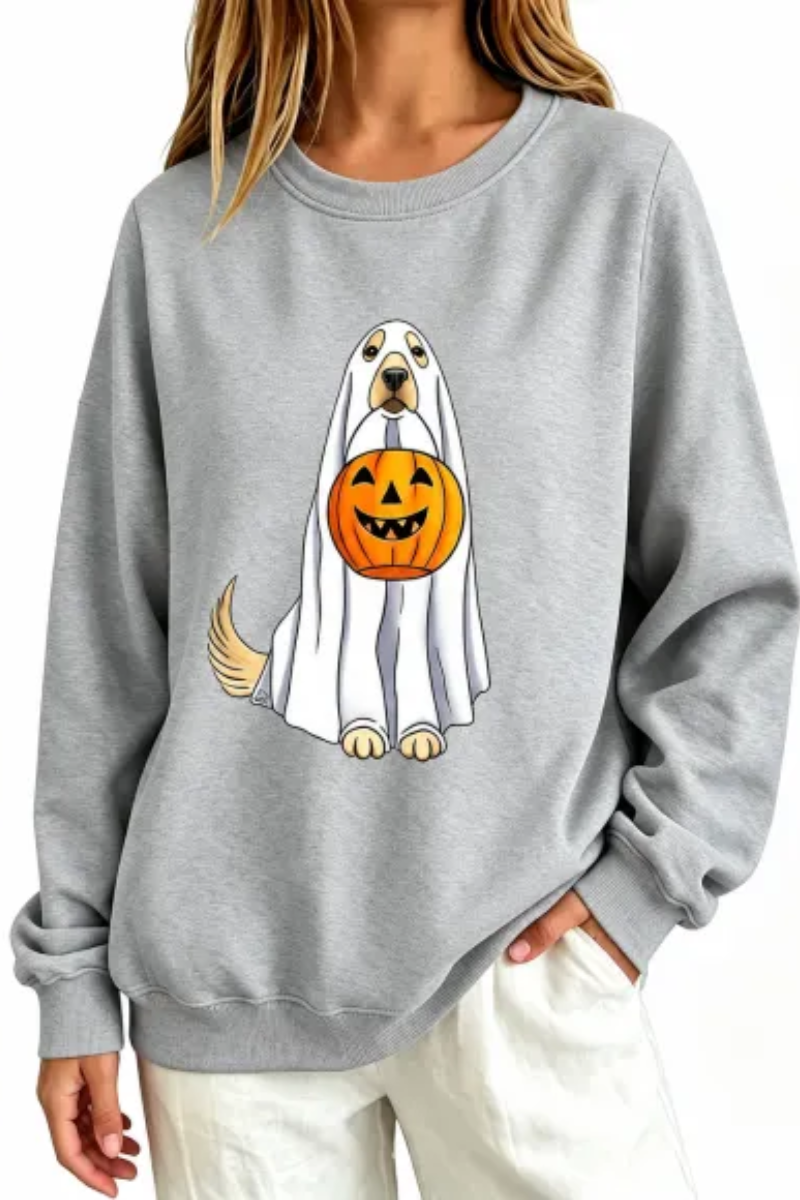 Women's Fall Ghost Dog Pumpkin Graphic Halloween Sweatshirt
