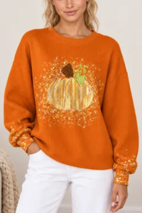 Women's Fall Halloween Cute Pumpkin Glitter Print Pullover
