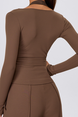 Women's Ribbed V Neck Side Wrap Tie Yoga Long Sleeve Top