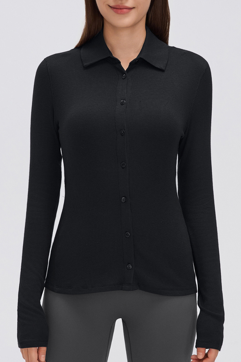 Women's Button-Front Polo Slim Fit Shirt Long-Sleeve Top