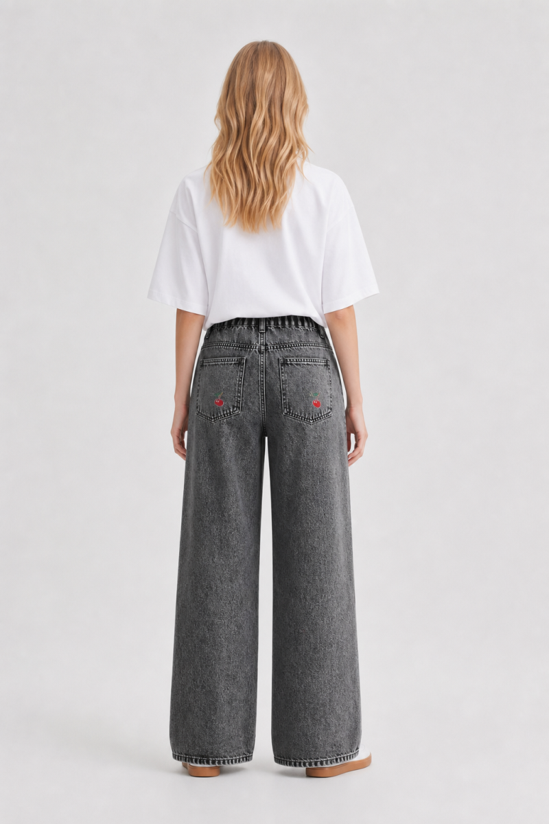 Women's High Waist Cherry Embroidered Wide Leg Jeans