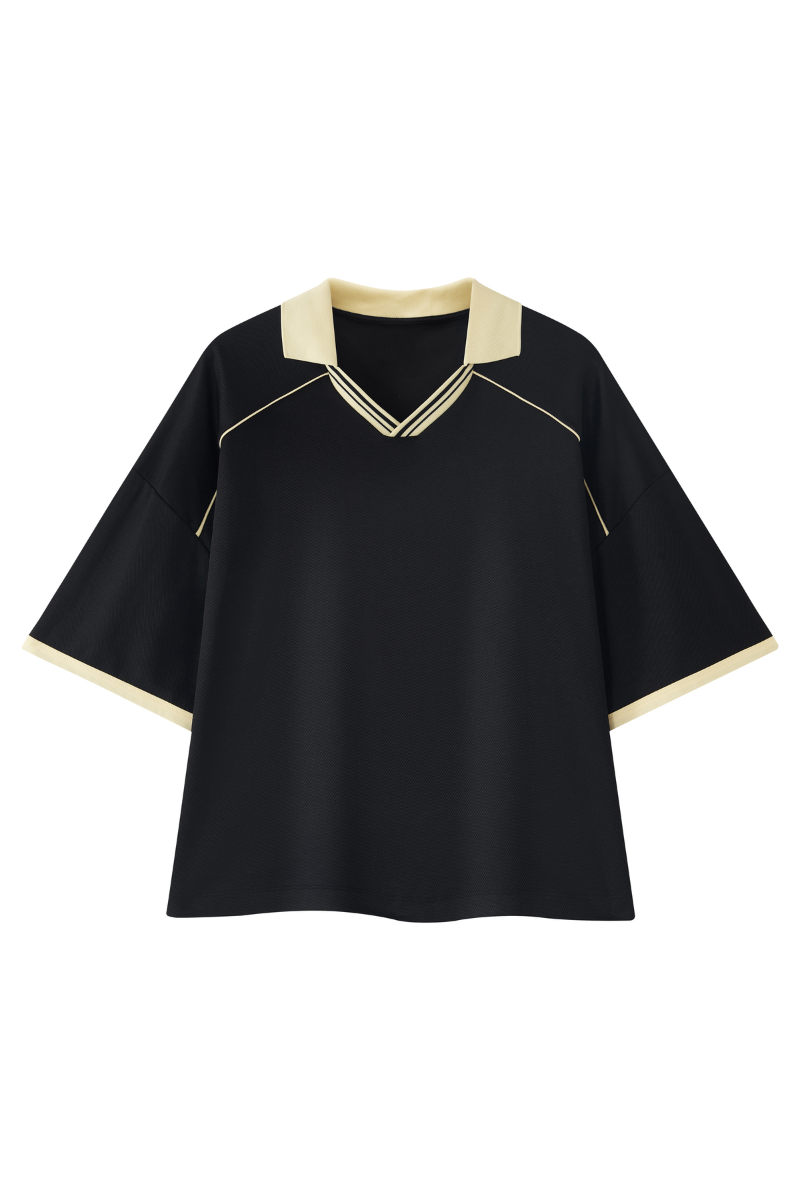 Unisex V-Neck Contrast Trim Polo Collar Sports T-shirt