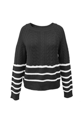 Women's Winter Crew Neck Cable Knit Contrast Stripe Sweater