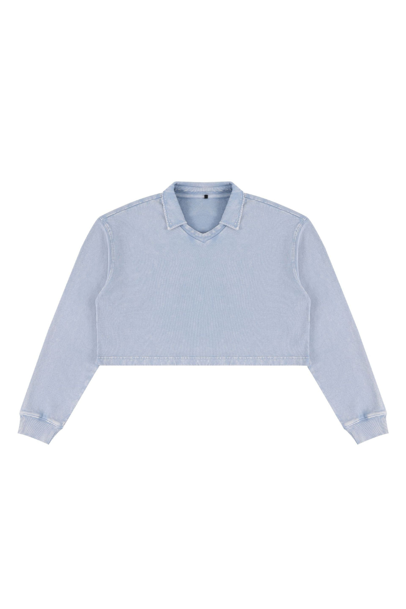 Women's  Fall 100% Cotton Collared V-Neck Crop Sweatshirt