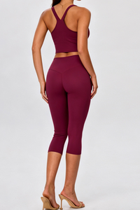 Women's V Neck Y Back Crop Tank & Capri Leggings Yoga Sets