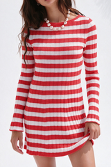 Women's Striped Ribbed Knit  Long Sleeve Bodycon Mini Dress