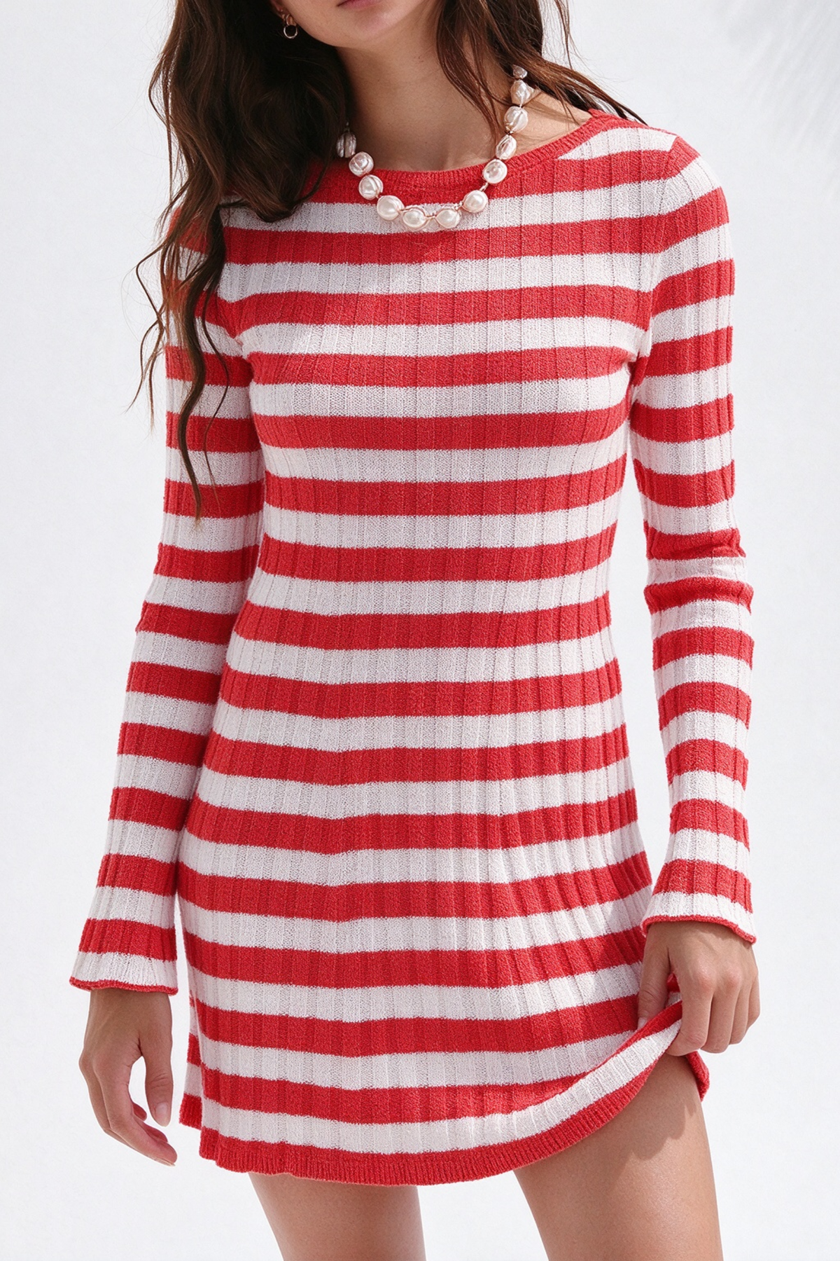 Women's Striped Ribbed Knit  Long Sleeve Bodycon Mini Dress