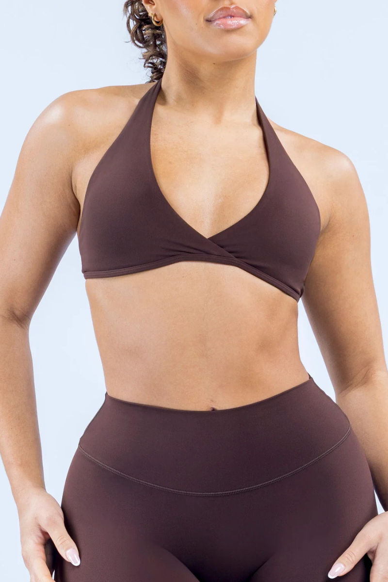 Women's Nude‑Feel Halter V‑Neck Backless Padded Sports Bra