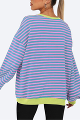 Women Fall Contrast Striped Lantern Sleeve Loose Sweatshirt
