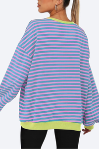 Women Fall Contrast Striped Lantern Sleeve Loose Sweatshirt