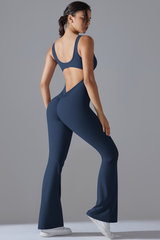 Women's U-neck Pleated Buttocks Lift Flared Pants Jumpsuit