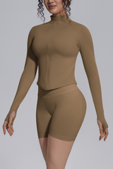 Women's Seamless Stretchy Jacket And No Front Seam Short Set