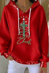 Women's Fall Christmas Print Ribbed Hoodie