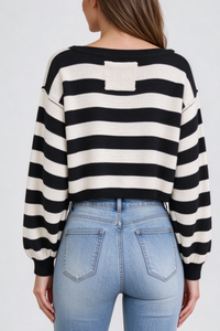 Women's Winter Boat Neck Boho Striped Cropped Knit Sweater