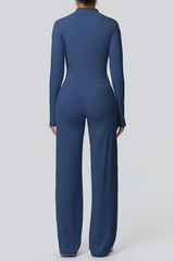 Women's Set:Collared Zippered Jacket And Wide Leg Pants