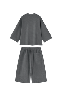 Unisex Waffle Knit Set:Loose Fit T-shirt &Knee Length Shorts