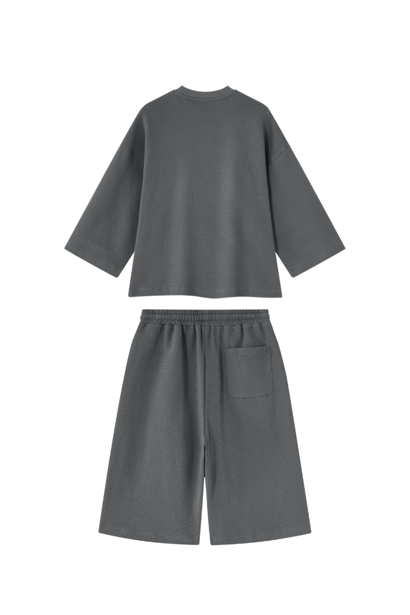 Unisex Waffle Knit Set:Loose Fit T-shirt &Knee Length Shorts