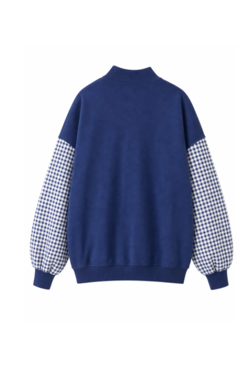 Women's Fall Gingham Spliced Oversize Mock Neck Sweatshirt