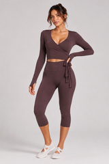 Women's Side Wrap Tie Long Sleeve Top And Capri Yoga Set
