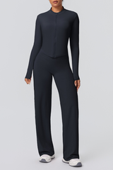 Women's Set:Collared Zippered Jacket And Wide Leg Pants