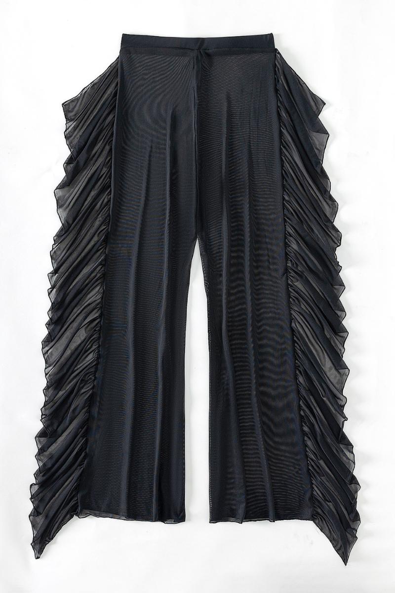 Women's High Waisted Sheer Mesh Ruffle Wide Leg Beach Pants