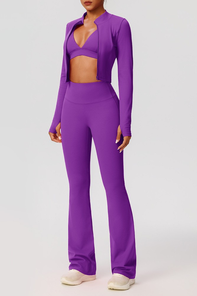 Women's Sports 3-Piece Set:Bra+Cropped Jacket+Flare Pants